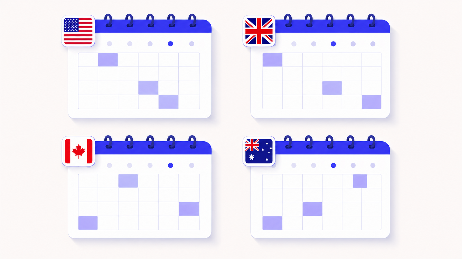 Flat vector illustration of four stylised calendar pages representing the US, UK, Canada and Australia
